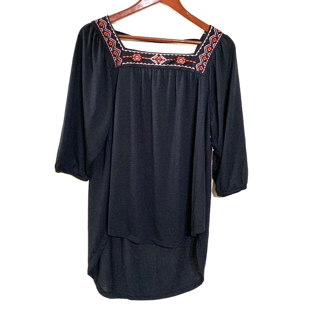 French Laundry Boho Aztec Embroidered Square Neck 3/4 Sleeve Tunic Blouse